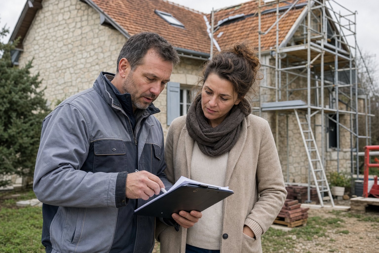 Artisan RGE remettant un devis de travaux de rénovation à un client devant une maison à Limoges