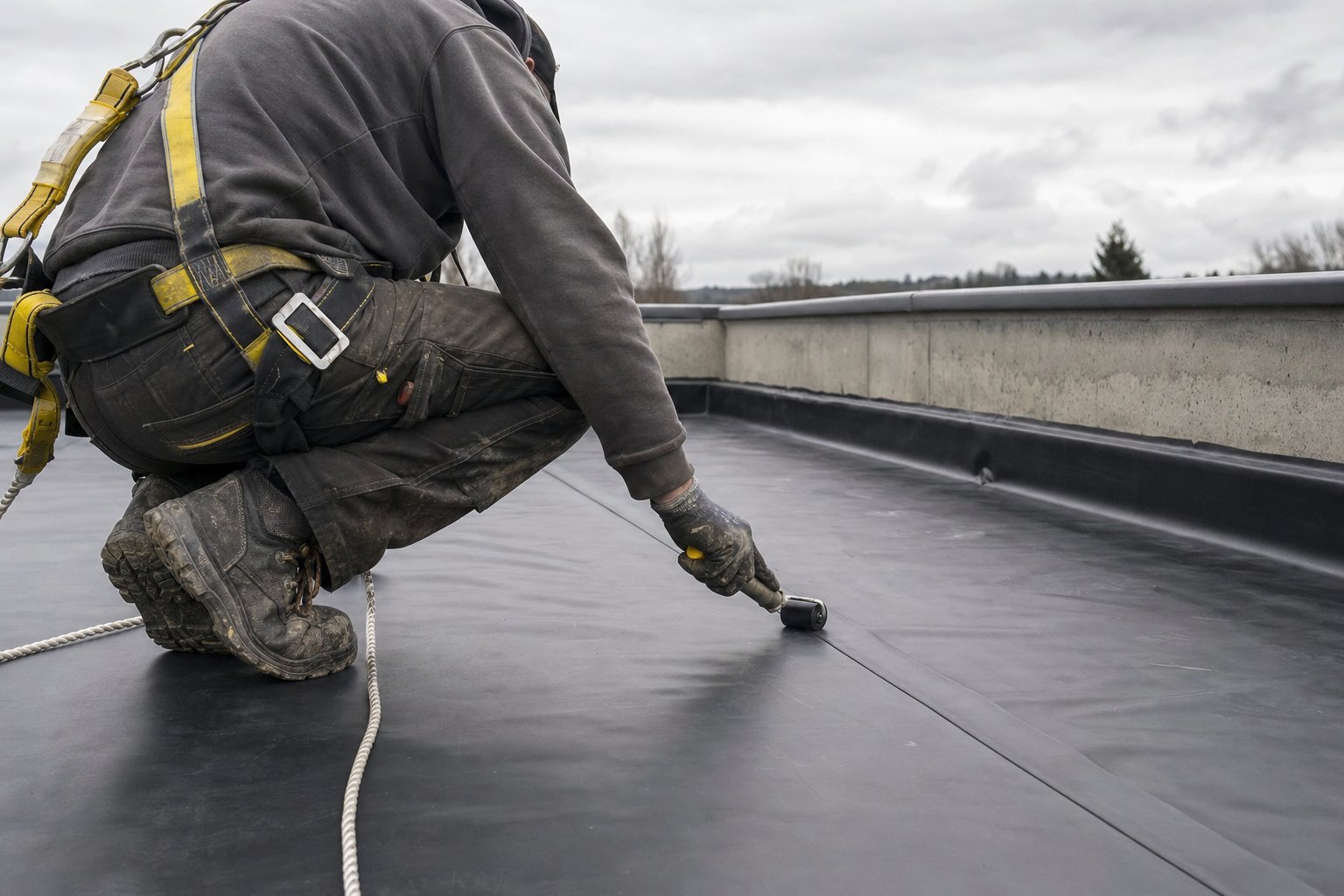 Artisan appliquant une membrane d'étanchéité EPDM sur une toiture-terrasse à Limoges