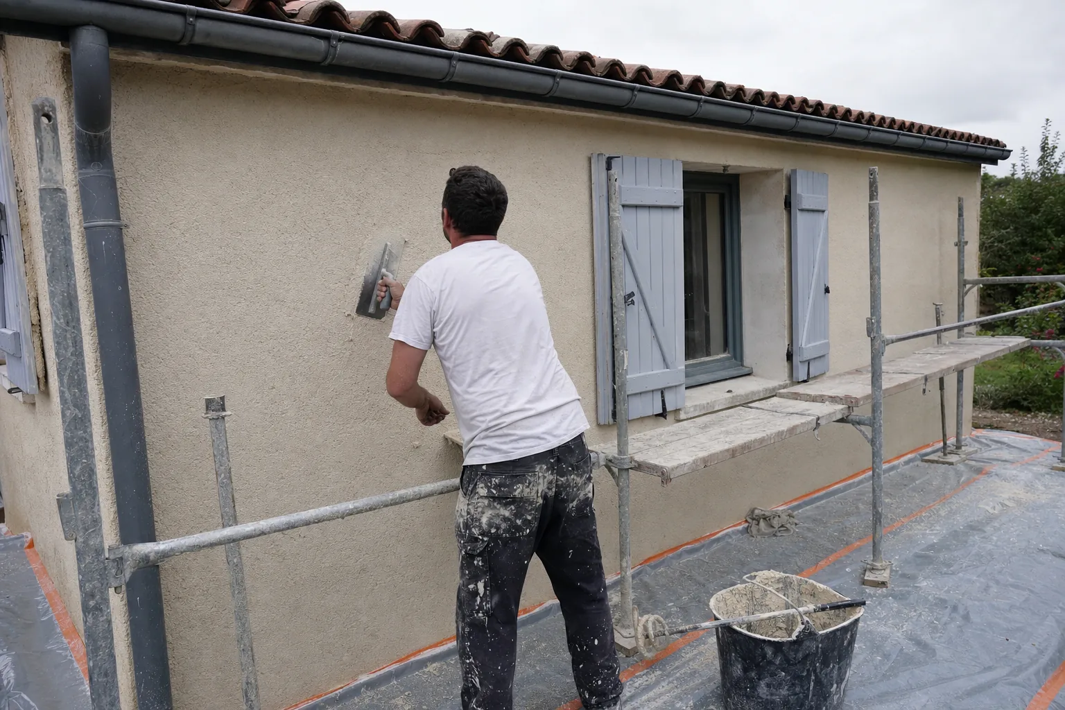 Façadier CHARDELIN RENOV appliquant un enduit monocouche lors d'un ravalement de façade à Feytiat 87220