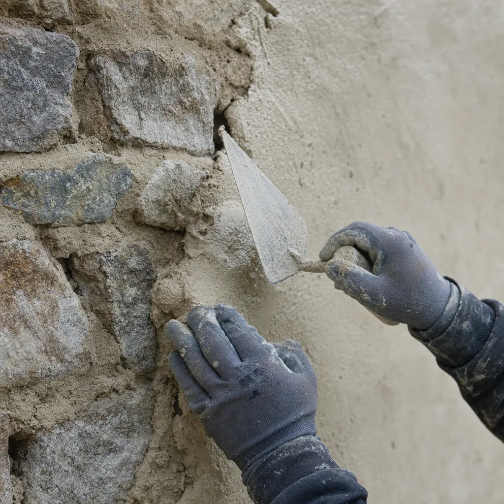 Application d'un enduit à la chaux sur une façade en pierre — façadier à Nexon